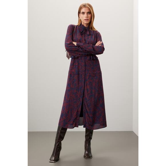 Jason Wu Print Midi Shirt Dress Blue Red Tie Neck Button Front Long Sleeve Sz 6‎ - Picture 1 of 15